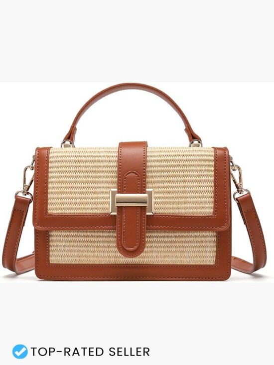 Handbags - Woven Straw Crossbody Bag Vegan Leather Patchwork Summer Purse Top Handle